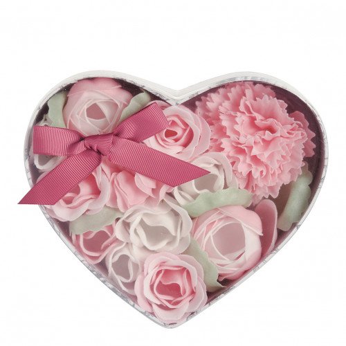 Caixa Coração Bouquet Canteiro de Flores de Sabonete rosa e brancas - Perfume Rosa