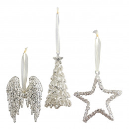 Set di 3 decorazioni glitterate argento