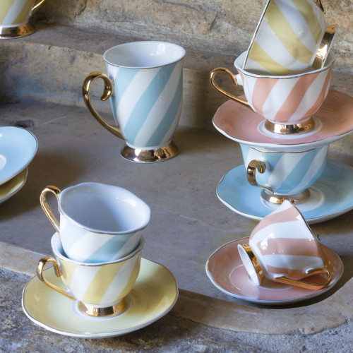 Madame de Récamier Tea Cup and Saucer with Pastel Stripes - Blue