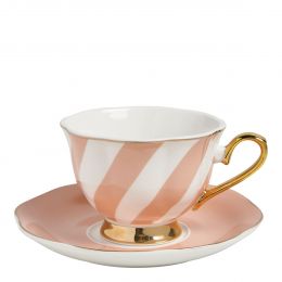 Tazza da tè e piattino Madame de Récamier righe pastello - Rosa