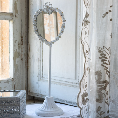 Heart-shaped whitewashed metal standing mirror